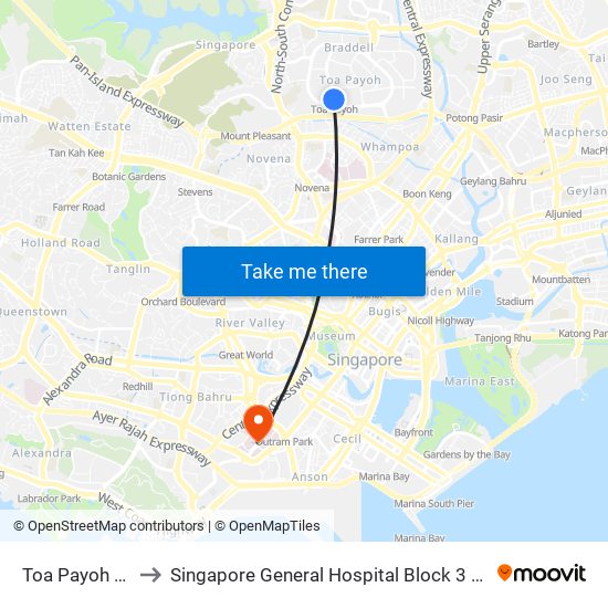 Toa Payoh (NS19) to Singapore General Hospital Block 3 Specialist Clinics map