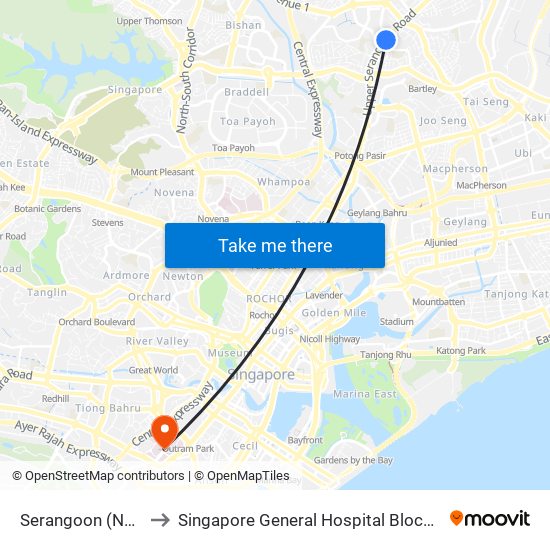 Serangoon (NE12|CC13) to Singapore General Hospital Block 3 Specialist Clinics map