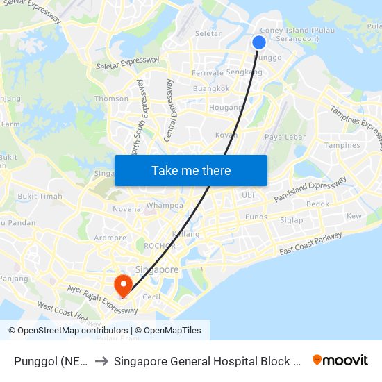 Punggol (NE17|PTC) to Singapore General Hospital Block 3 Specialist Clinics map