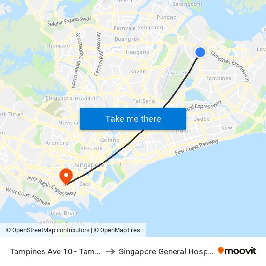 Tampines Ave 10 - Tampines Wafer Fab Pk (75351) to Singapore General Hospital Block 3 Specialist Clinics map