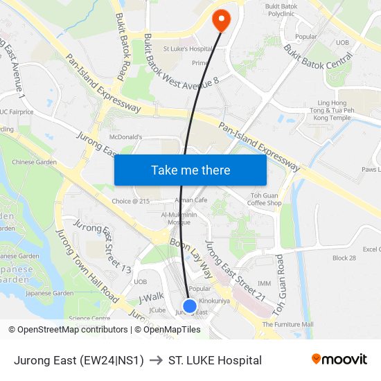 Jurong East (EW24|NS1) to ST. LUKE Hospital map