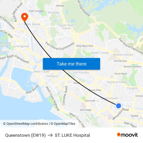 Queenstown (EW19) to ST. LUKE Hospital map