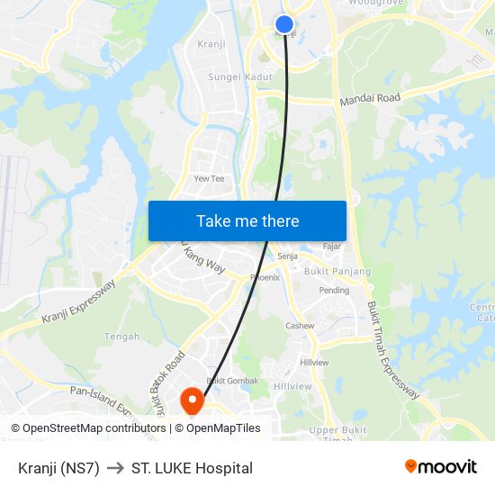 Kranji (NS7) to ST. LUKE Hospital map