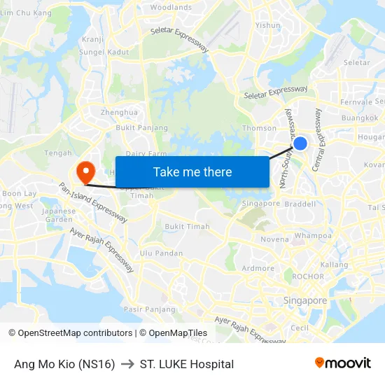 Ang Mo Kio (NS16) to ST. LUKE Hospital map