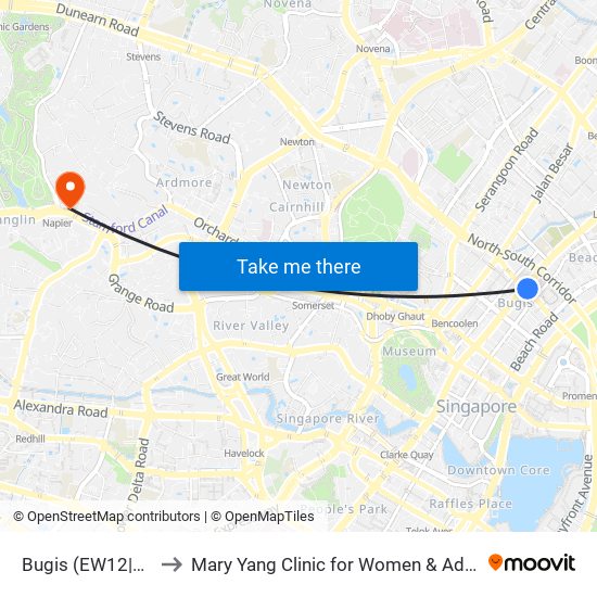 Bugis (EW12|DT14) to Mary Yang Clinic for Women & Adolescents map