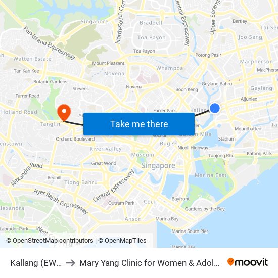 Kallang (EW10) to Mary Yang Clinic for Women & Adolescents map