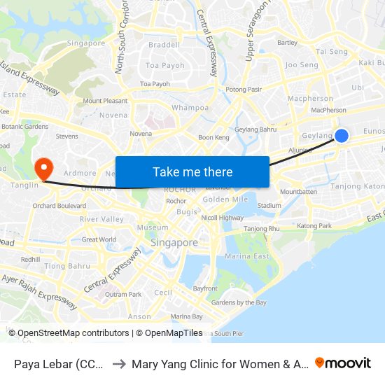 Paya Lebar (CC9|EW8) to Mary Yang Clinic for Women & Adolescents map