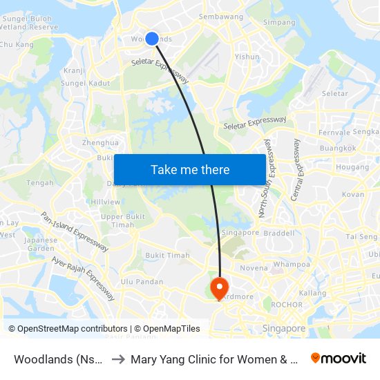 Woodlands (Ns9 | Te2) to Mary Yang Clinic for Women & Adolescents map