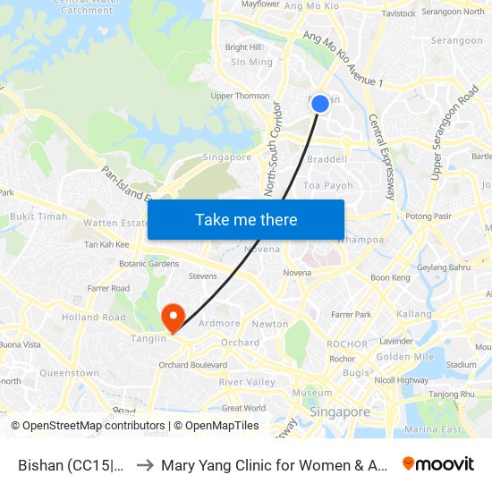 Bishan (CC15|NS17) to Mary Yang Clinic for Women & Adolescents map