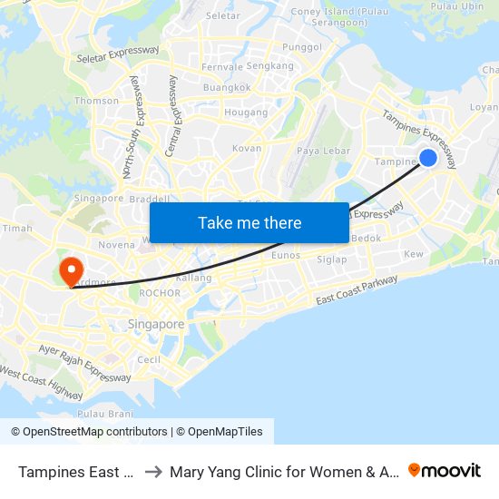 Tampines East (DT33) to Mary Yang Clinic for Women & Adolescents map