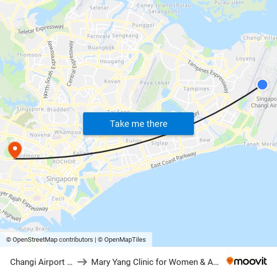 Changi Airport (CG2) to Mary Yang Clinic for Women & Adolescents map