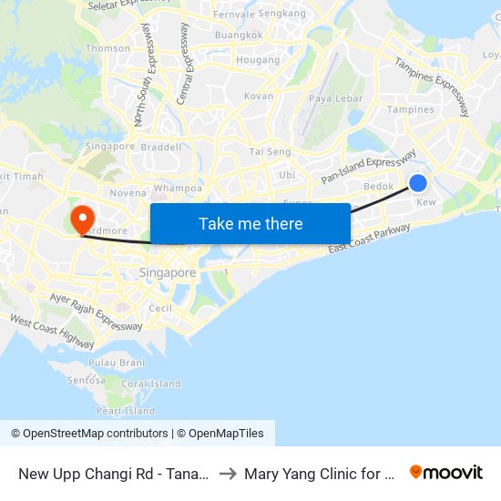 New Upp Changi Rd - Tanah Merah Stn Exit A (85099) to Mary Yang Clinic for Women & Adolescents map