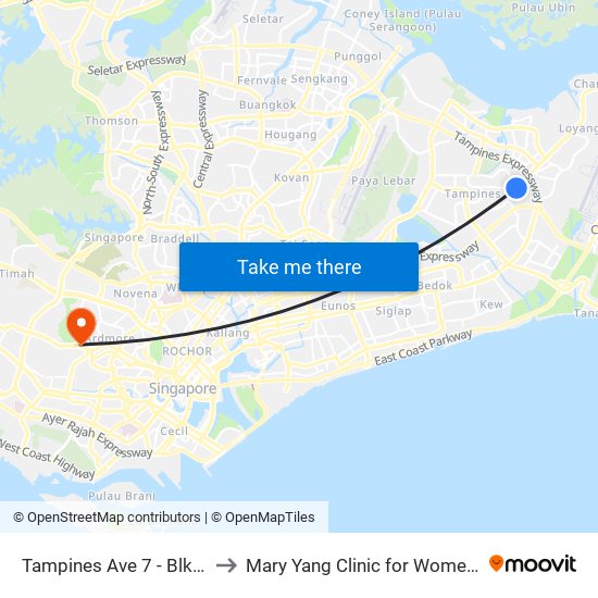 Tampines Ave 7 - Blk 390 (76239) to Mary Yang Clinic for Women & Adolescents map