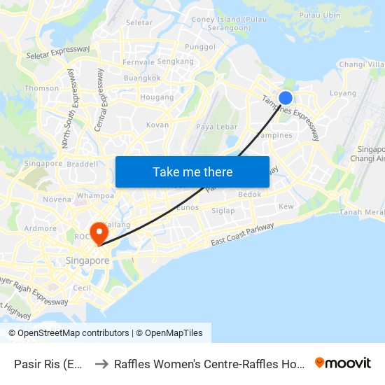 Pasir Ris (EW1) to Raffles Women's Centre-Raffles Hospital map