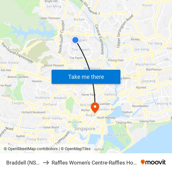 Braddell (NS18) to Raffles Women's Centre-Raffles Hospital map