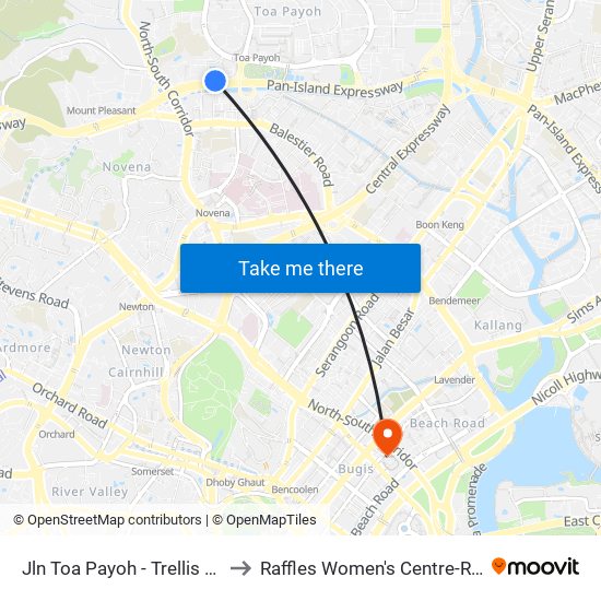 Jln Toa Payoh - Trellis Twrs (52071) to Raffles Women's Centre-Raffles Hospital map