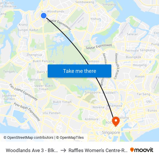 Woodlands Ave 3 - Blk 402 (46491) to Raffles Women's Centre-Raffles Hospital map