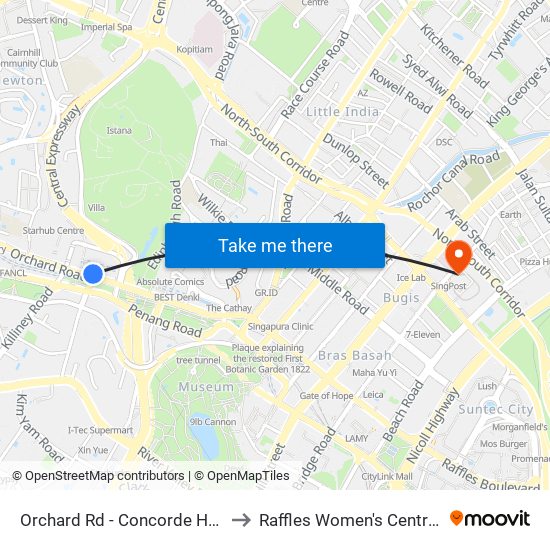 Orchard Rd - Concorde Hotel S'Pore (08138) to Raffles Women's Centre-Raffles Hospital map