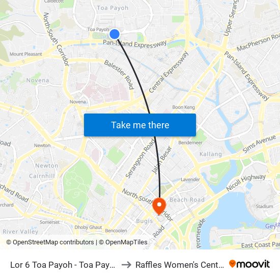 Lor 6 Toa Payoh - Toa Payoh Swim Cplx (52501) to Raffles Women's Centre-Raffles Hospital map
