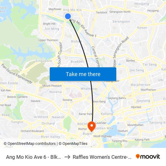 Ang Mo Kio Ave 6 - Blk 307a (54019) to Raffles Women's Centre-Raffles Hospital map