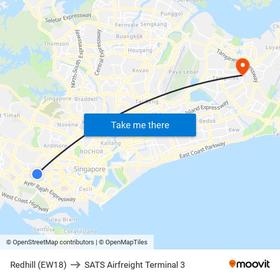 Redhill (EW18) to SATS Airfreight Terminal 3 map