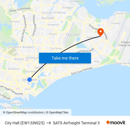 City Hall (EW13|NS25) to SATS Airfreight Terminal 3 map