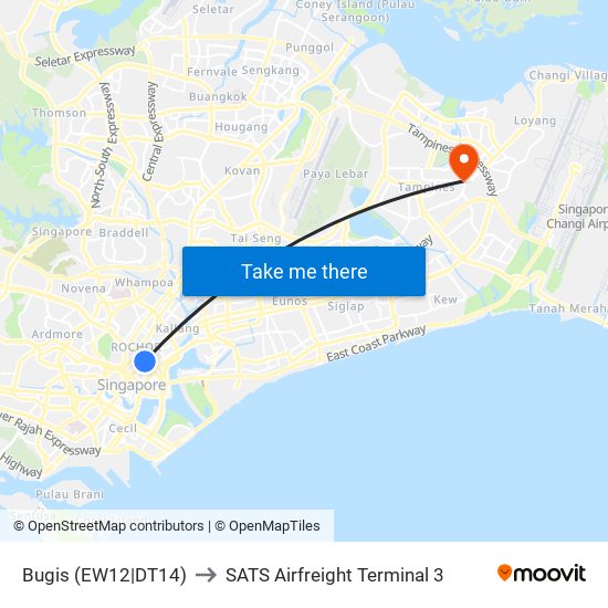 Bugis (EW12|DT14) to SATS Airfreight Terminal 3 map