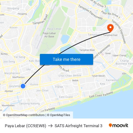 Paya Lebar (CC9|EW8) to SATS Airfreight Terminal 3 map