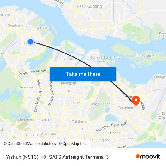 Yishun (NS13) to SATS Airfreight Terminal 3 map