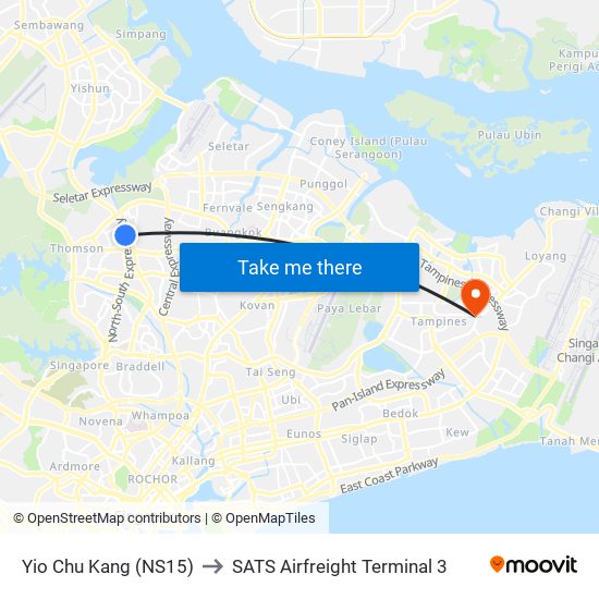 Yio Chu Kang (NS15) to SATS Airfreight Terminal 3 map