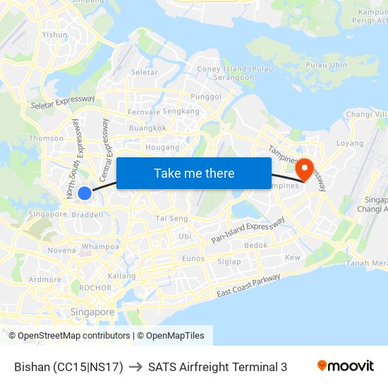Bishan (CC15|NS17) to SATS Airfreight Terminal 3 map