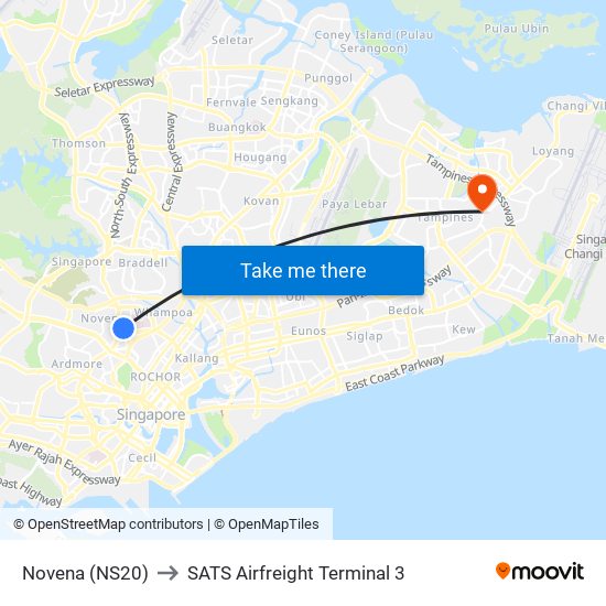 Novena (NS20) to SATS Airfreight Terminal 3 map