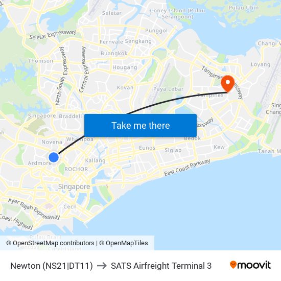 Newton (NS21|DT11) to SATS Airfreight Terminal 3 map