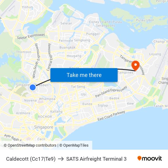 Caldecott (Cc17|Te9) to SATS Airfreight Terminal 3 map