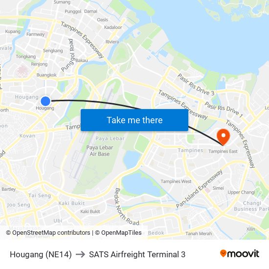 Hougang (NE14) to SATS Airfreight Terminal 3 map