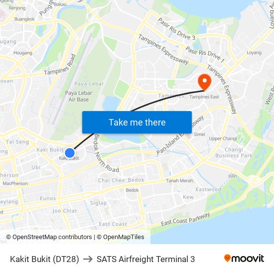 Kakit Bukit (DT28) to SATS Airfreight Terminal 3 map