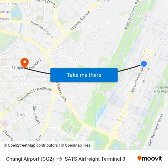 Changi Airport (CG2) to SATS Airfreight Terminal 3 map