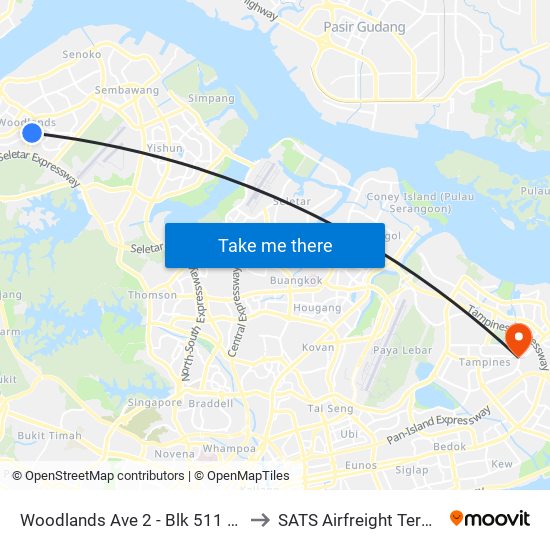 Woodlands Ave 2 - Blk 511 (46331) to SATS Airfreight Terminal 3 map