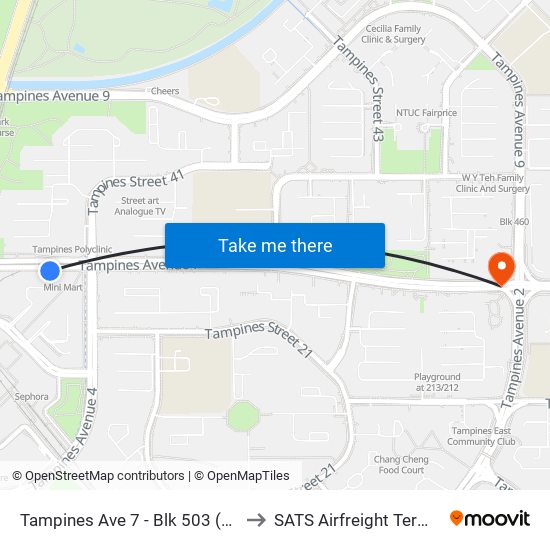 Tampines Ave 7 - Blk 503 (76199) to SATS Airfreight Terminal 3 map