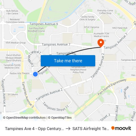 Tampines Ave 4 - Opp Century Sq (76139) to SATS Airfreight Terminal 3 map