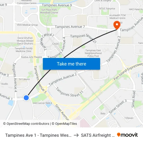 Tampines Ave 1 - Tampines West Stn Exit B (75051) to SATS Airfreight Terminal 3 map