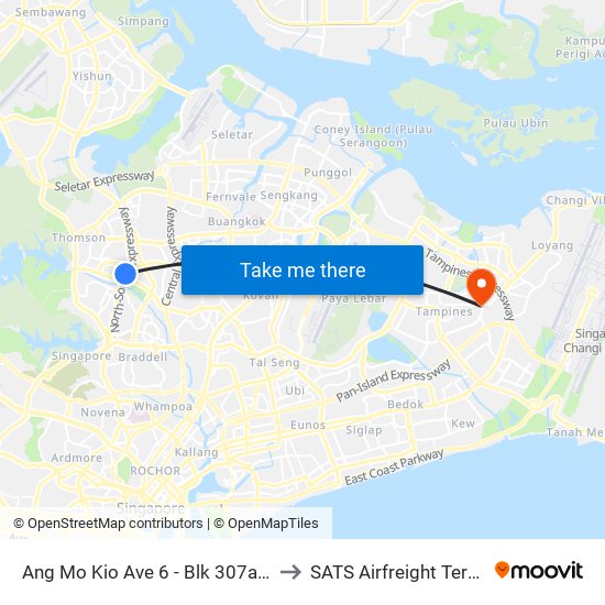 Ang Mo Kio Ave 6 - Blk 307a (54019) to SATS Airfreight Terminal 3 map