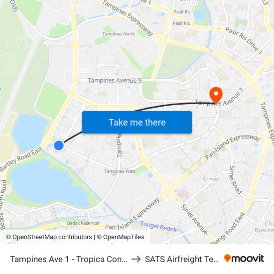 Tampines Ave 1 - Tropica Condo (75259) to SATS Airfreight Terminal 3 map