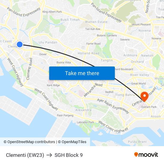 Clementi (EW23) to SGH Block 9 map