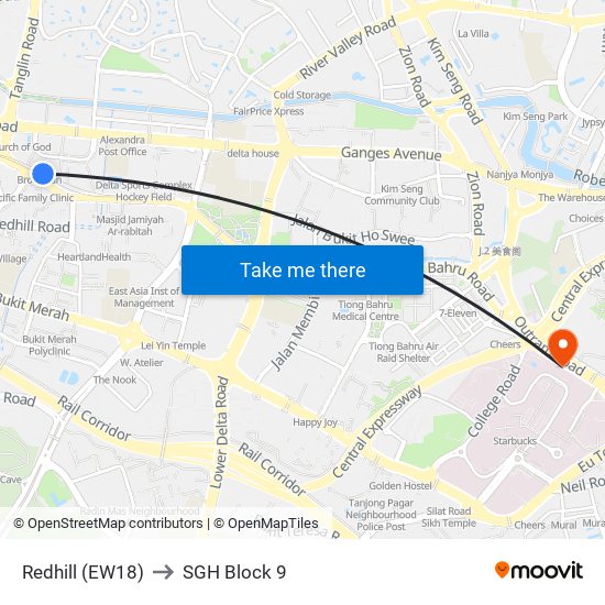 Redhill (EW18) to SGH Block 9 map