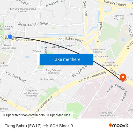 Tiong Bahru (EW17) to SGH Block 9 map