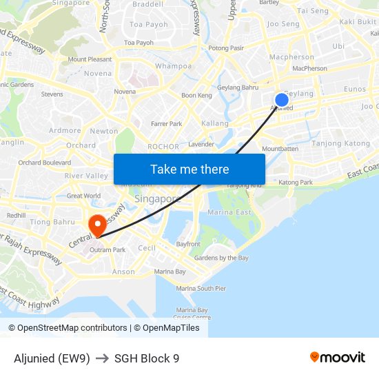 Aljunied (EW9) to SGH Block 9 map