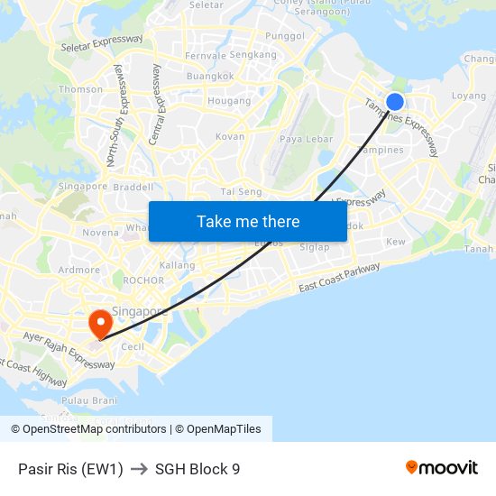 Pasir Ris (EW1) to SGH Block 9 map