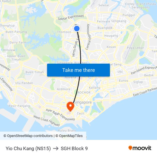 Yio Chu Kang (NS15) to SGH Block 9 map