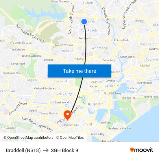 Braddell (NS18) to SGH Block 9 map